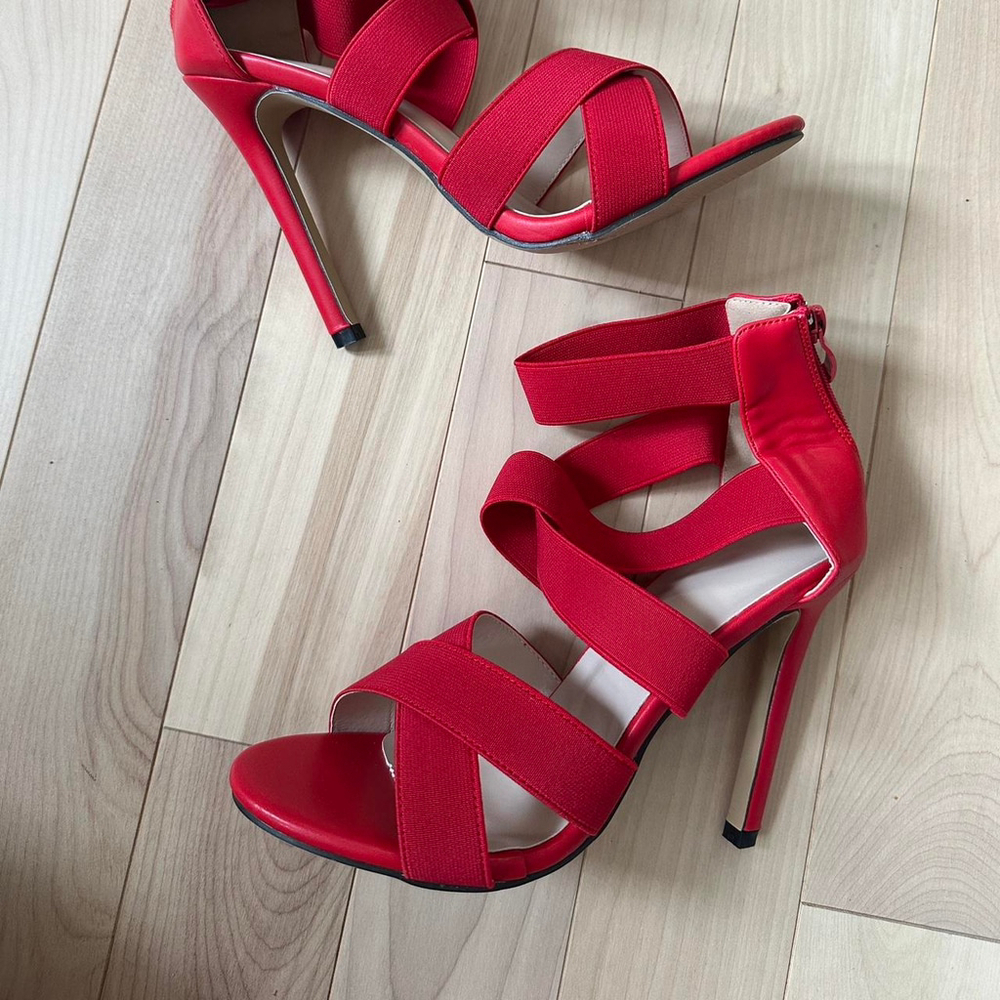 Red Strappy Heels – Size 39, Zip Back, Never Worn